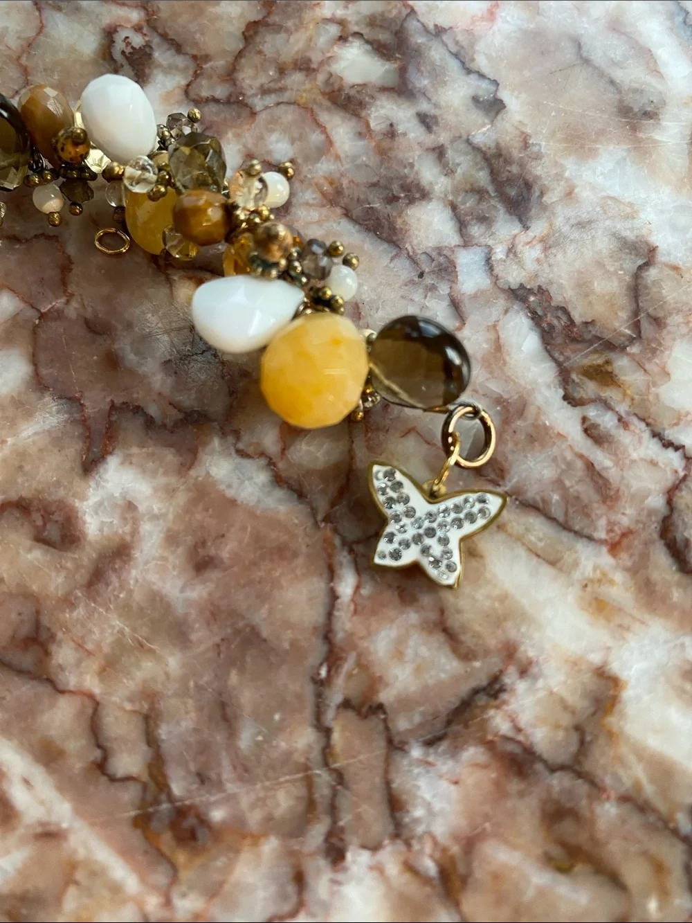 Chunky Cluster Beaded Bracelet Amber/White Smokey Quartz Tone  & Butterfly Charm